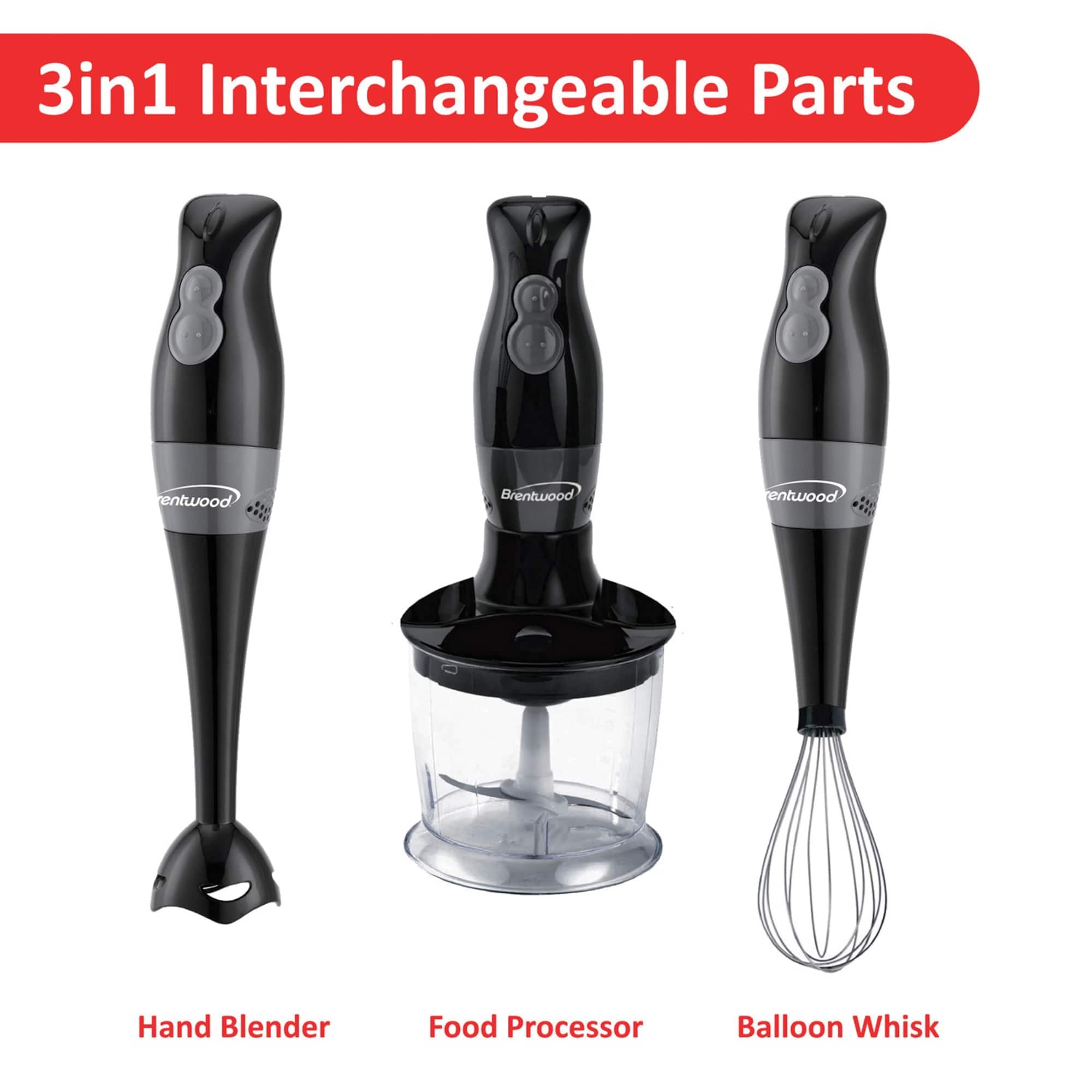 Brentwood Black 2-Speed Hand Blender & Food Processor with Balloon Whisk